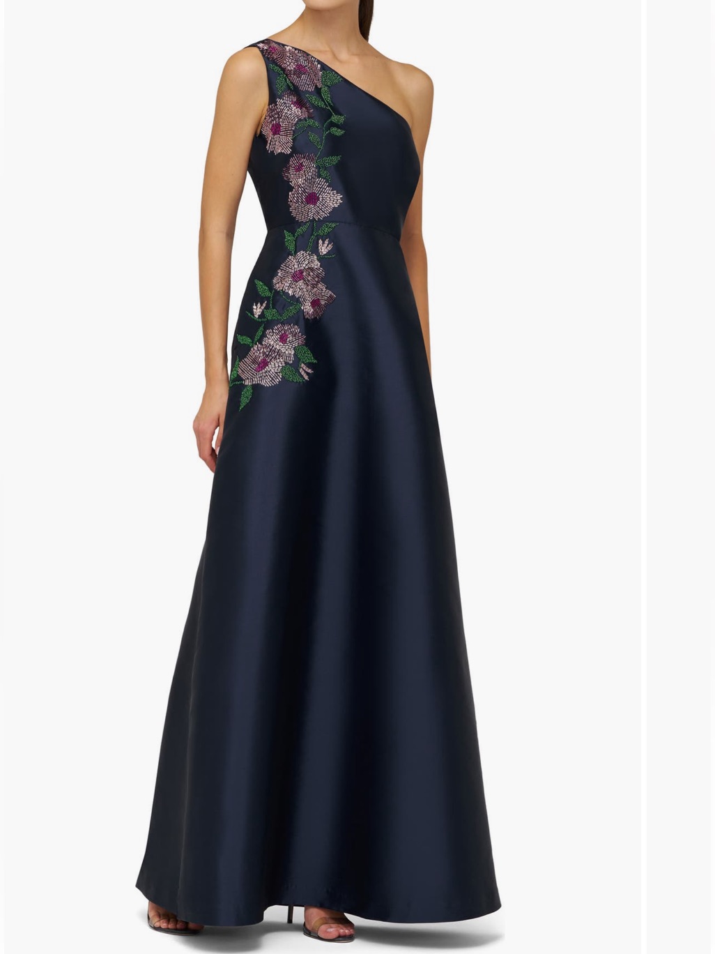 Kay Unger Giada Beaded Floral One Shoulder Gown In Dark Midnight Navy Blue